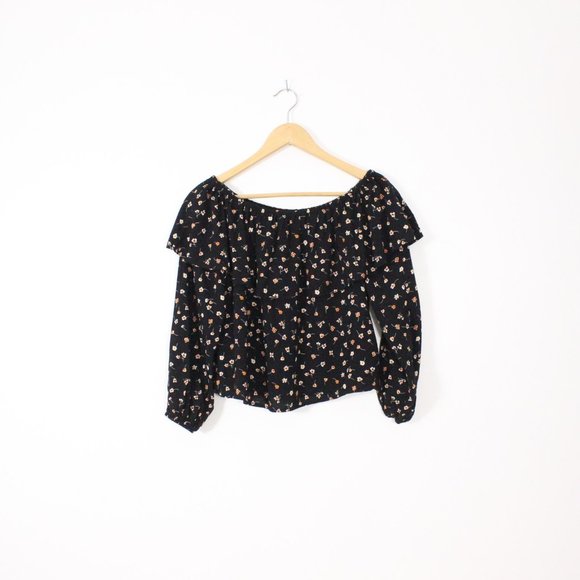 *Blue Blush Black Floral Ruffle Off The Shoulder Blouse, Small - Picture 3 of 5